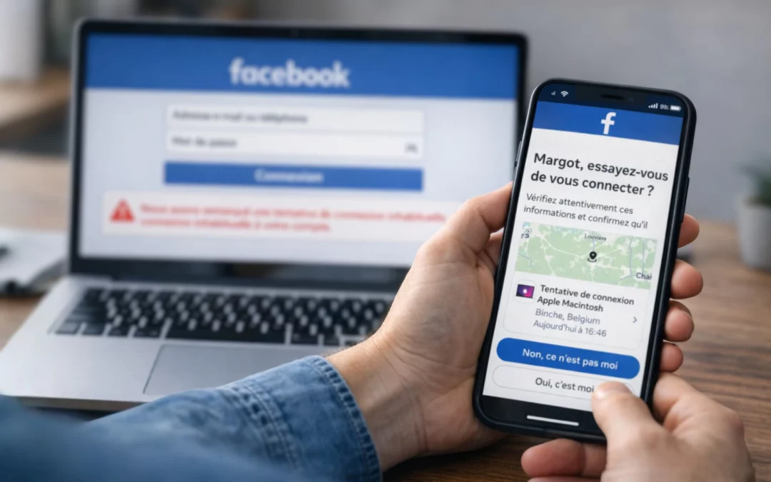 Alerte de sécurité Facebook sur smartphone confirmant une tentative de connexion suspecte lors d’un accès depuis un ordinateur